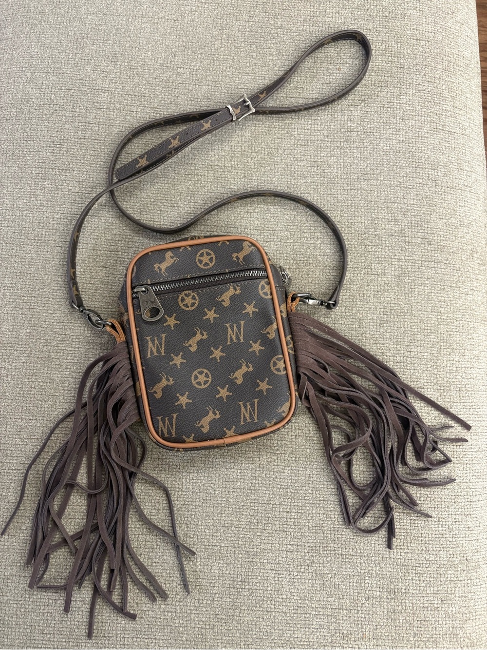 Montana West Brown Fringe Shoulder Strap Bag with Tan Trim